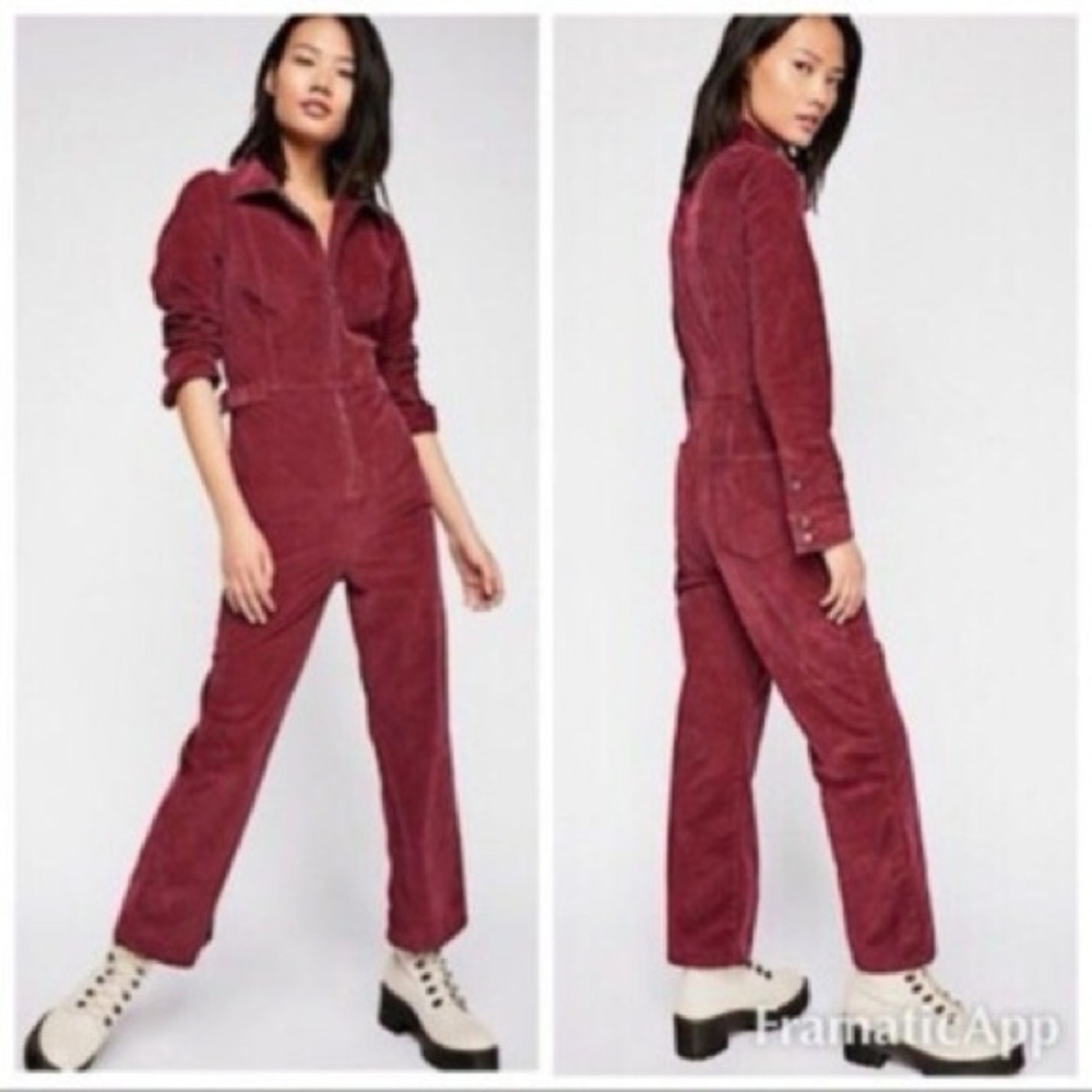 Free People Take Me Out Purple‎ Corduroy Sexy One Piece Jumpsuit 4 Burgundy Wine